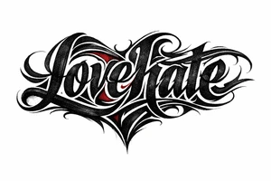 Textured font 'lovehate' in charcoal with deep red highlights.combine the two words to make one word overlapping love and hate tattoo idea