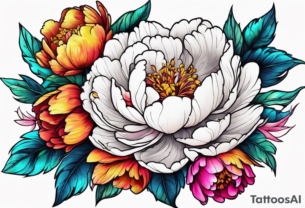 beautiful. colorful, neon, multicolored peony, white background, highly detailed, new school, new school style, street style, streetwear, urban wear tattoo idea