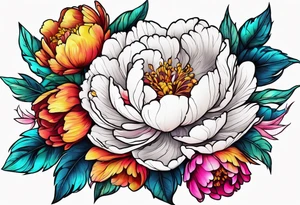 beautiful. colorful, neon, multicolored peony, white background, highly detailed, new school, new school style, street style, streetwear, urban wear tattoo idea
