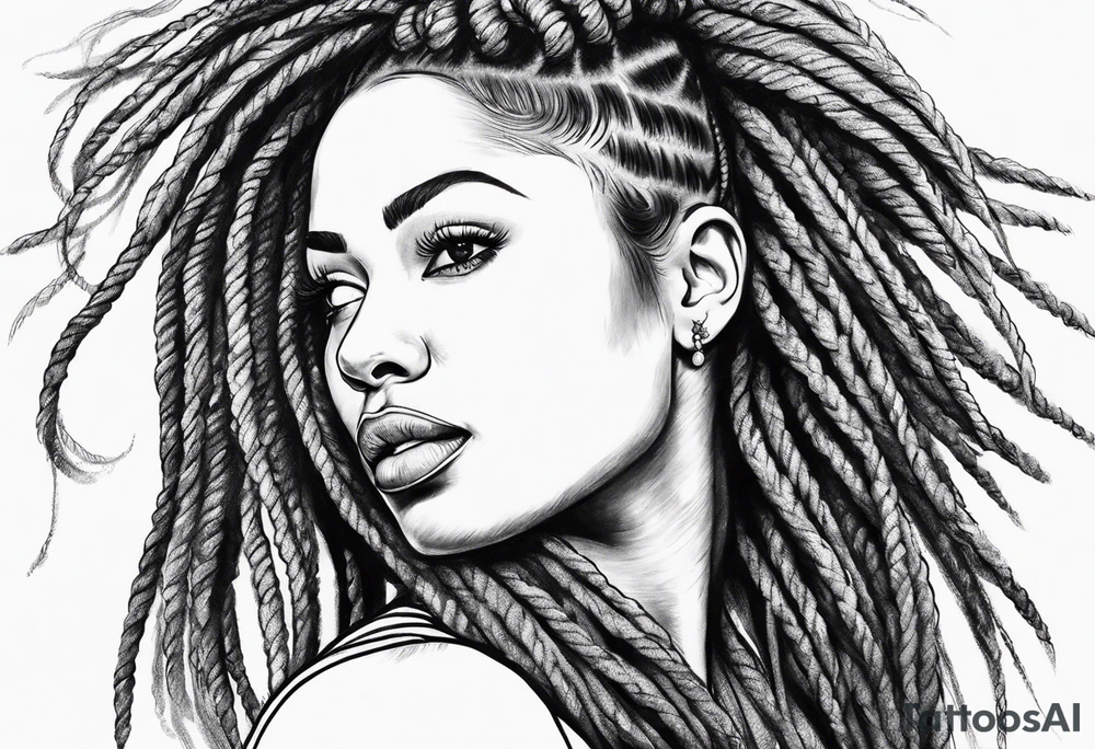 Draw a women head with real dread locks flying in the air, tattoo idea