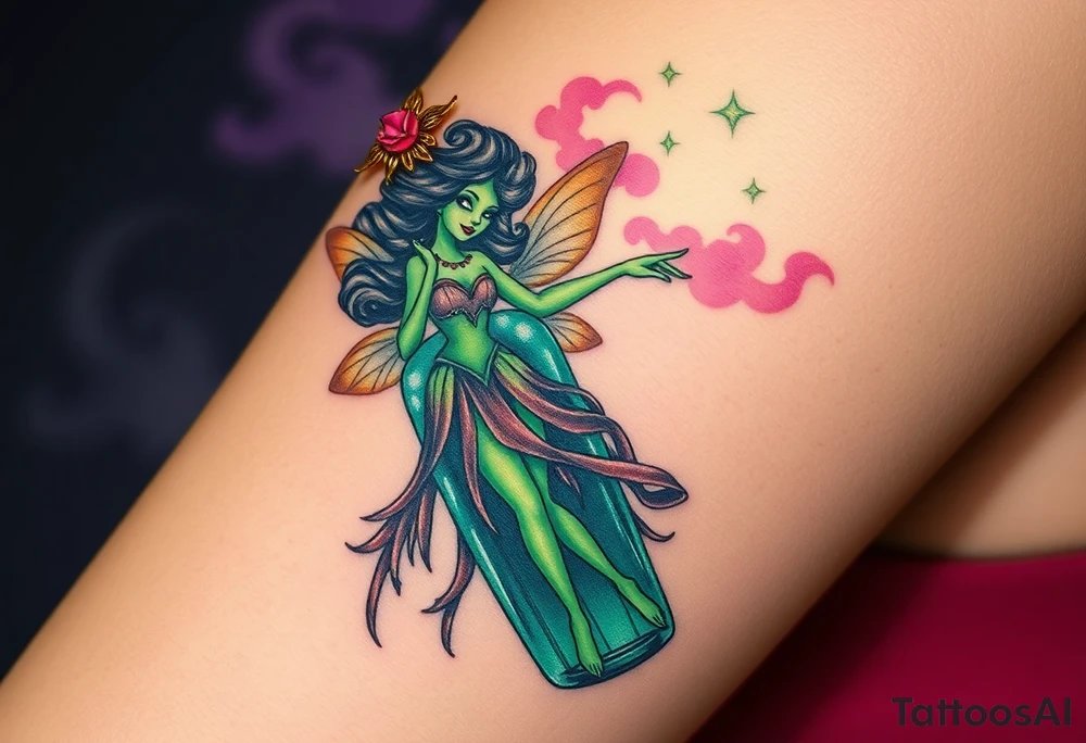 Tim Burton’s kelly doty pin up style Vintage Parisian elegant and hauntingly beautiful yet eerie full body absinthe Green Fairy dances outside her victorian crystal decatur she was once inside this elaborate ornate bottle absinthe bottle Absinthe Art Nouveau   and dripping with muted reds, dusty pinks, and eerie green glow.purple and cyan smokey clouds swirl in the crescent moonlit sky thats sprinkled with stars tattoo idea