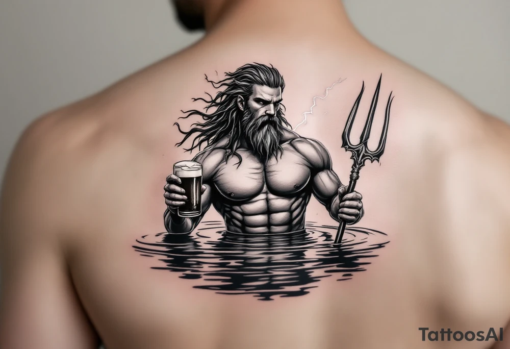 young, fit poseidon in calm water, holding a trident, holding a beer, with lightning behind tattoo idea