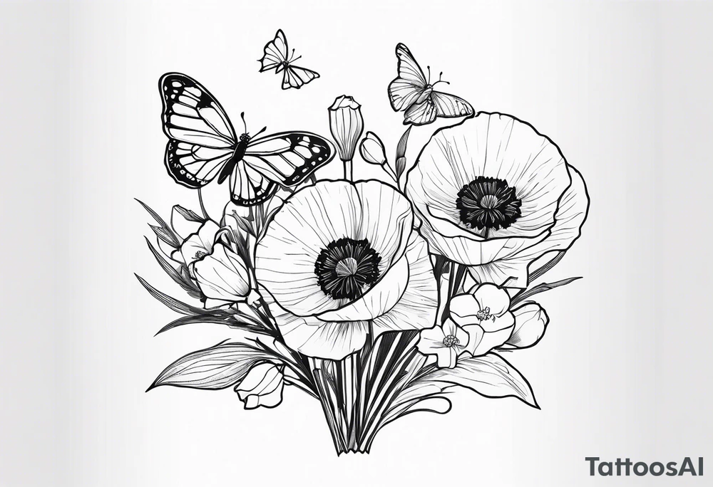 Bouquet of poppies and paperwhites and holly with. A butterfly tattoo idea