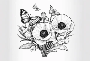 Bouquet of poppies and paperwhites and holly with. A butterfly tattoo idea