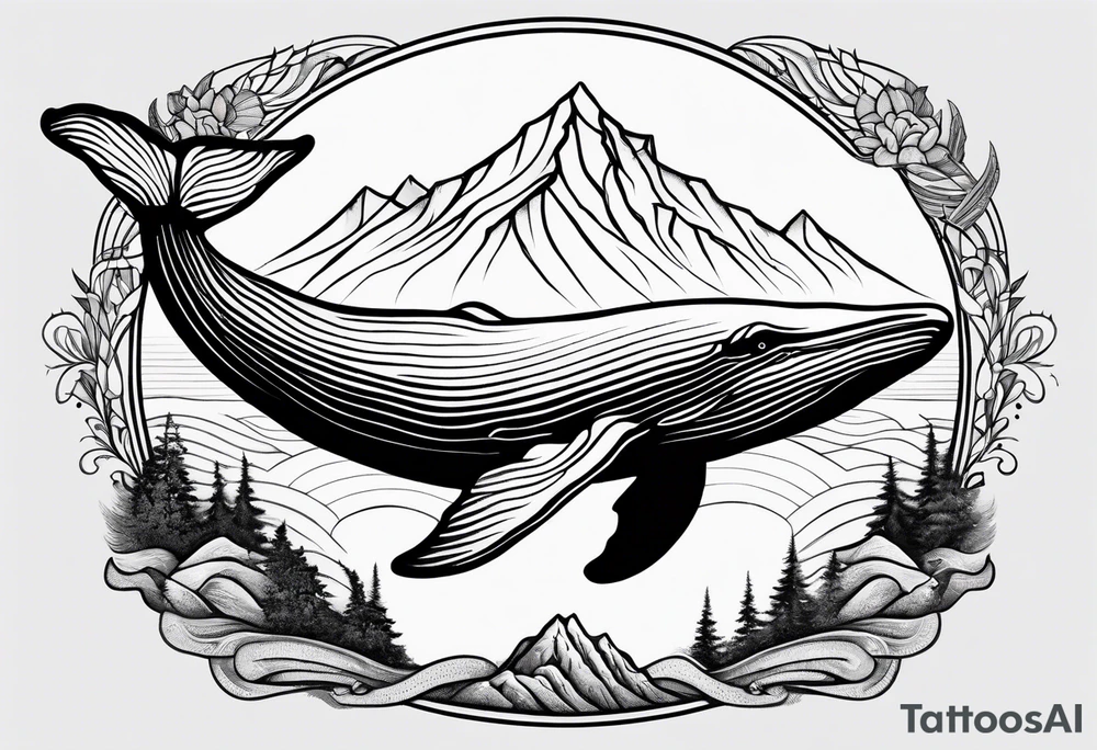 humpback whale in front of a drawing of the Rocky mountains tattoo idea