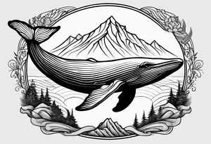 humpback whale in front of  a drawing of the Rocky mountains tattoo idea