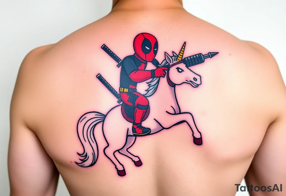 Deadpool riding unicorn pointing rocket propelled grenade launcher tattoo idea