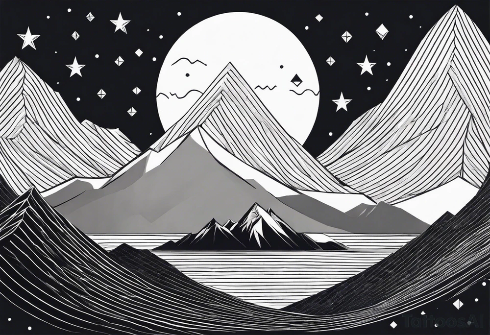 Mountain Massif, one Peak, only peak surrounded woth semi circle dashed Line, in semi circle two littel fine Stars, waves overlapping in Side, Open geometrical Forms Like Diamond with Open lines tattoo idea