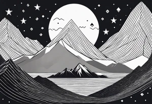 Mountain Massif, one Peak, only peak surrounded woth semi circle dashed Line, in semi circle two littel fine Stars, waves overlapping in Side, Open geometrical Forms Like Diamond with Open lines tattoo idea