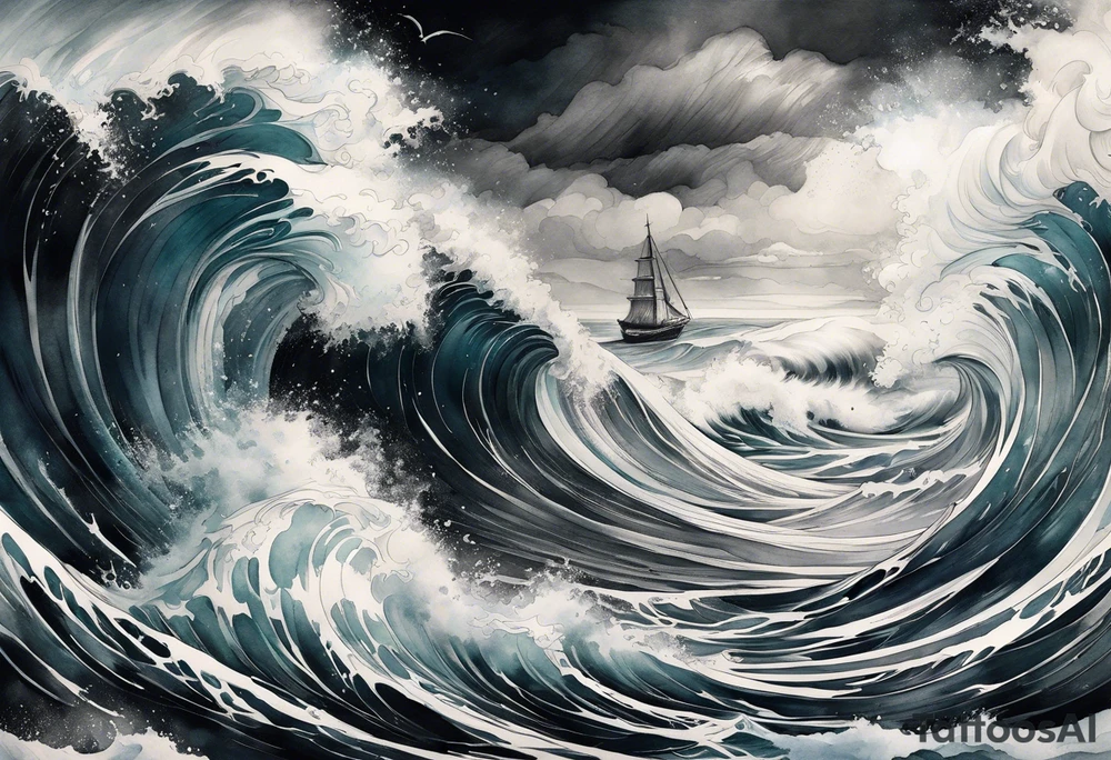stormy sea waves, full-length woman in the middle of the storm tattoo idea