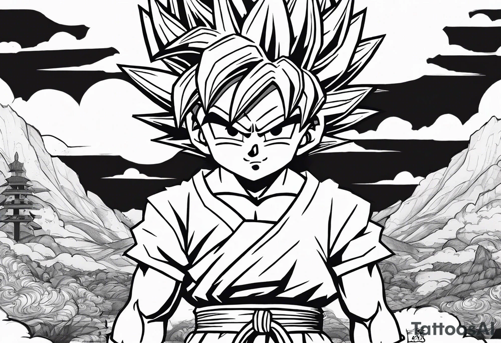 Son-Goku as a child in the foreground and an older version of him as a super saiyajin behind him. A huge dragonball surrounds the whole scenery. Fokus friends are surrounding him as shadows tattoo idea