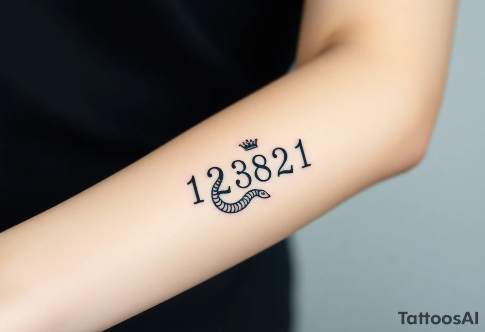 I want a small simple silhouette lines black and white wrist princess like girl snake tattoo that has number 12821 on its body along and also I want it to represent feminine energy crown queen Cycle tattoo idea