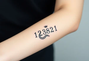 I want a small simple silhouette lines black and white wrist princess like girl snake tattoo that has number 12821 on its body along and also I want it to represent feminine energy crown queen Cycle tattoo idea