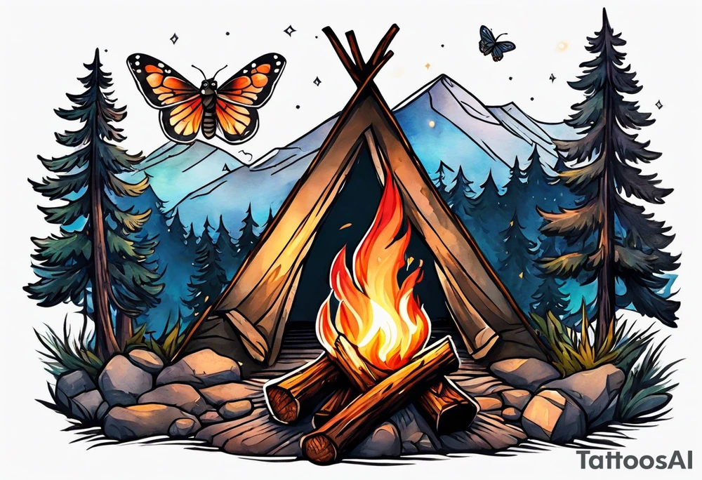 Campfire with small Moth flying above tattoo idea