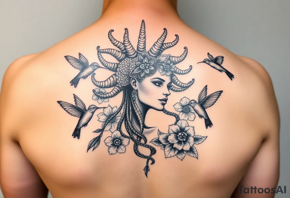 feminine medusa surrounded by hummingbirds and flowers tattoo idea