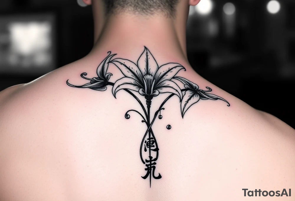 On the shoulder I want 3 spider Lillies flowers that are flown look royal think and long and at the end of the stem I want it to curl up and then at the bottom I want their to be a symbol in Chinese that means love tattoo idea