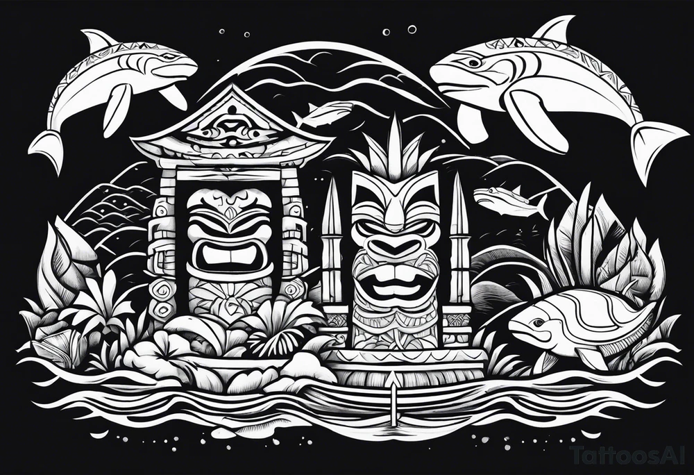 a Polynesian island 3 faced tiki surrounded by a shark, a turtle in an underwater ocean setting tattoo idea