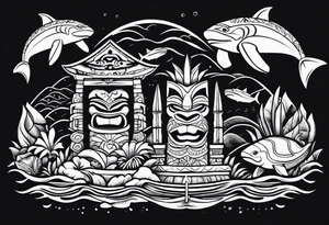 a Polynesian island 3 faced tiki surrounded by a shark, a turtle in an underwater ocean setting tattoo idea
