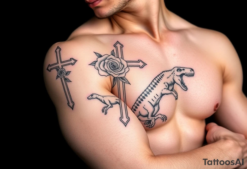 crosses with roses, bulldogs, paw print, dinosaur tattoo idea