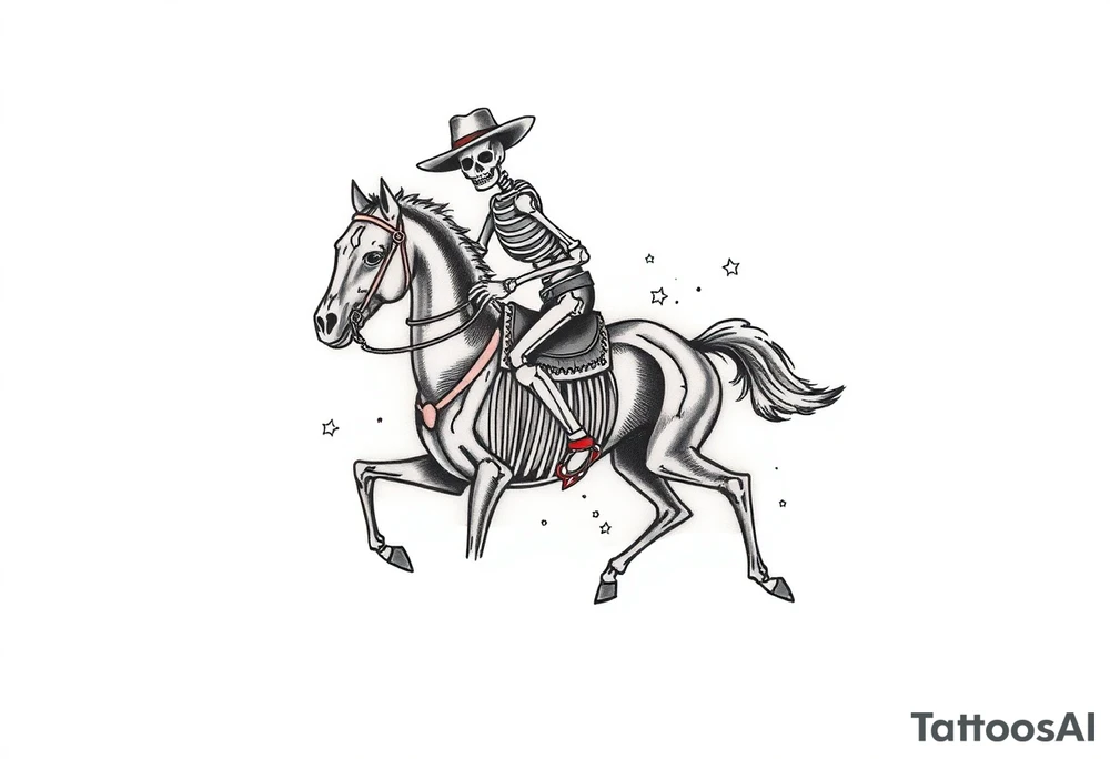 cowboy skeleton riding a horse skeleton on bicep, Fill with (stars, dots, and flowers) tattoo idea