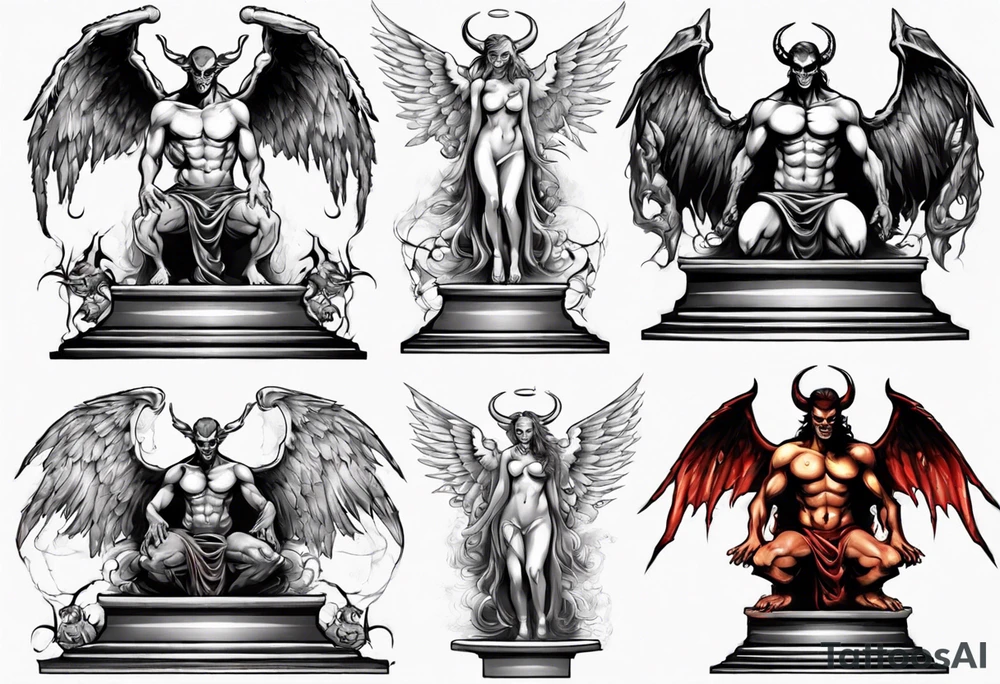 Demon and angel on podium tattoo idea