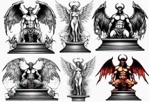 Demon and angel on podium tattoo idea