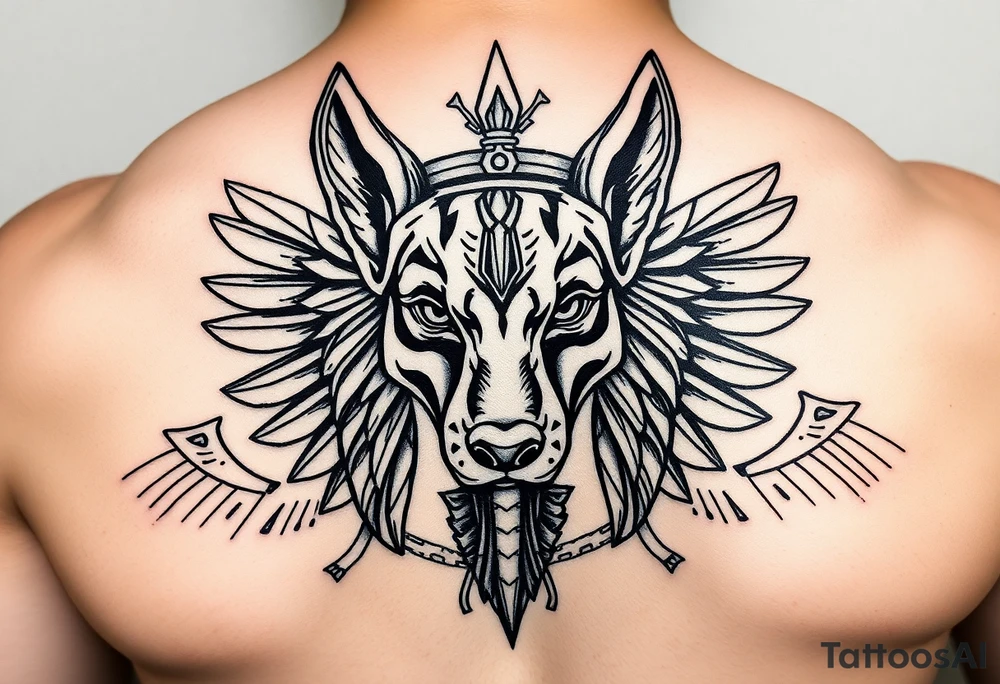 muscle Egyptian Anubis god face in Egypt style dog face surrounded Egyptian symbols tattoo idea