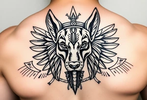 muscle Egyptian Anubis god face in Egypt style dog face surrounded Egyptian symbols tattoo idea