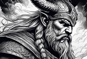 Norse mythology, ultra realism, Viking, war, battle, storm, chaos,  detailed, ragnarok, mountains, frost giant tattoo idea