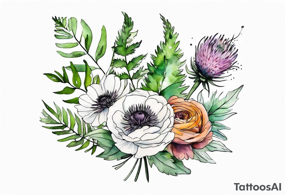 mixed wildflower bouquet with ferns, ranunculus, thistle and with watercolor tattoo idea
