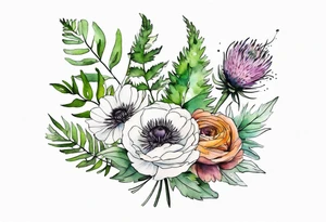 mixed wildflower bouquet with ferns, ranunculus, thistle and with watercolor tattoo idea
