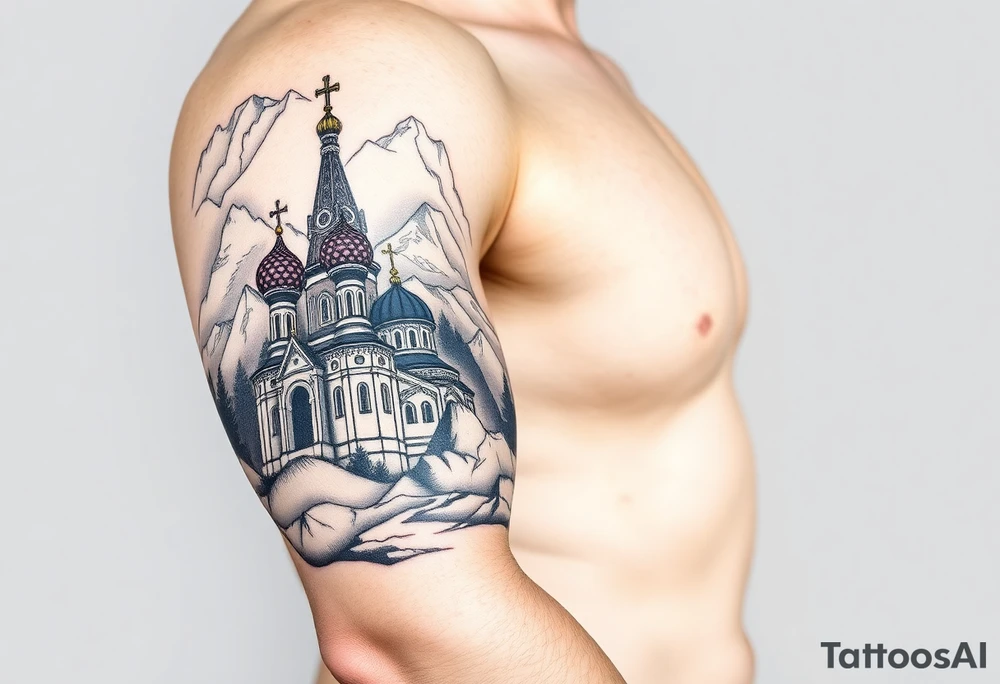 russian orthodox christian left arm tattoo with st basils cathederal in a mountainous setting with clouds with a russian coat of arms tattoo idea