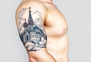 russian orthodox christian left arm tattoo with st basils cathederal in a mountainous setting with clouds with a russian coat of arms tattoo idea