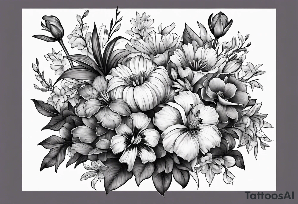 Flower bouquet filled with violets, irises and chrysanthemums tattoo idea