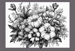 Flower bouquet filled with violets, irises and chrysanthemums tattoo idea