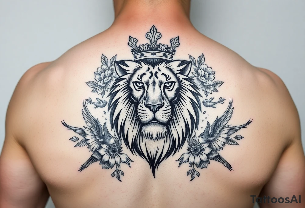 powerful majestic lion with a crown, surrounded by floral ornaments and birds tattoo idea