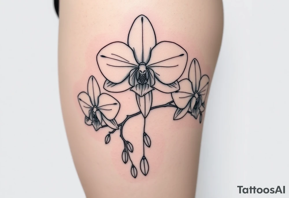 Draw of three fine line orchids different size realistic, the central part resembles a vagina. Are connected with branches that appears a mix with drops and seeds tattoo idea