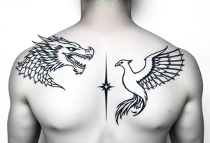 Dragons head at the top left of the chest with a phoenix below to the right, facing each other tattoo idea