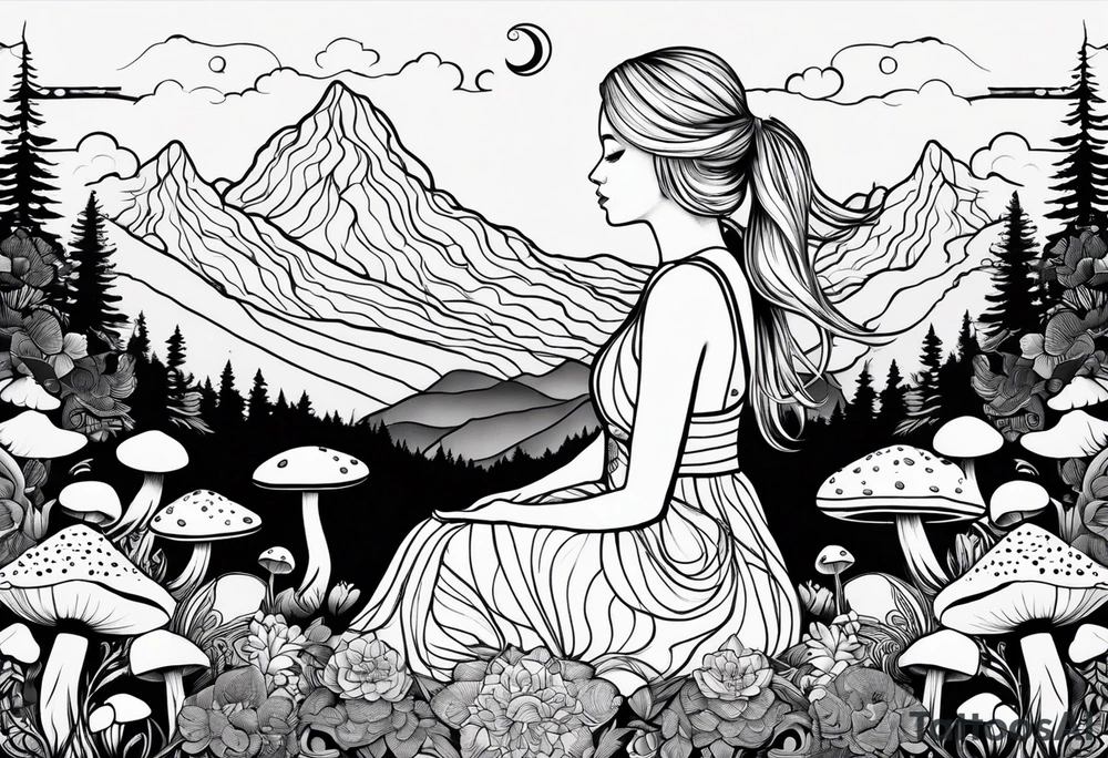 Straight blonde hair girl meditating facing away toward mountains surrounded by mushrooms crescent moon mandala circular design black and white striped dress tattoo idea