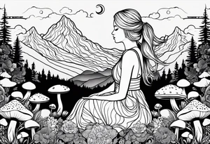 Straight blonde hair girl meditating facing away toward mountains surrounded by mushrooms crescent moon mandala circular design black and white striped dress tattoo idea