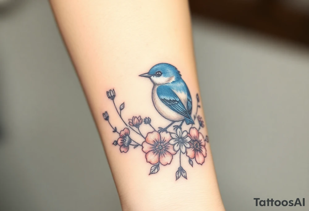 Puffy bluebird surrounded by wild flowers tattoo idea
