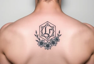 Small Feminine simple Dotted Line hexagon with Leo astrological symbol surrounded by larkspurs and water lilies tattoo idea