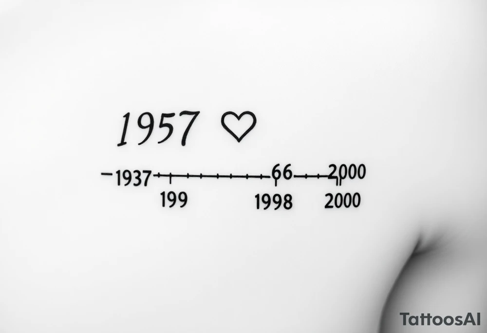 Top Line: The parent's birth year (1957) will be at the top, centered.  A small heart will be placed either directly beside it or slightly above it.
 * Timeline Line: A faint, dotted line will extend horizontally from the parent's year, representing the timeline.
 * Children's Years: Four birth years (1980, 1989, 1998, 2000) will be placed below the dotted line, evenly spaced.
Visualizing It:
Imagine it like this:
          1957 <3 
    .......................
    1980   1989   1998   2000
     L          E             K         J tattoo idea