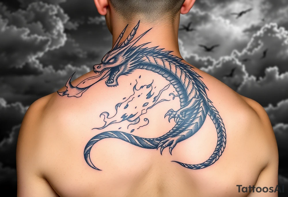 fierce dragon breathing iridescent fire against stormy skies tattoo idea