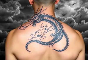 fierce dragon breathing iridescent fire against stormy skies tattoo idea