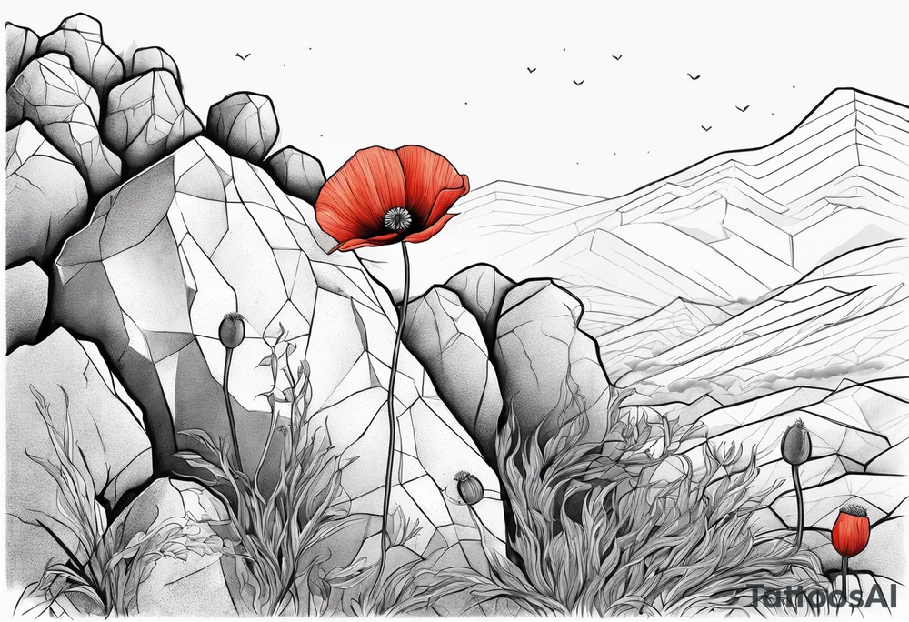 poppy growing out of boulder with roots enveloping rock tattoo idea