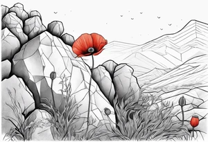 poppy growing out of boulder with roots enveloping rock tattoo idea