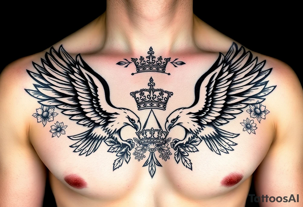 Chest tattoo,powerful two symetrical majestic eagles, surrounded by floral ornaments and lure, between eagles a crown tattoo idea