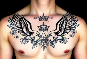Chest tattoo,powerful two symetrical majestic eagles, surrounded by floral ornaments and lure, between eagles a crown tattoo idea