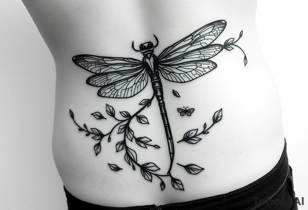 Vibrant vine like tattoo to go from hip to hip to cover my scar across my lower abdomen. It should not be more than 1.5 inches in width. Include symbols of hope and pain like a dragonfly with a scalpel to  represent everything I went through with breast cancer. tattoo idea